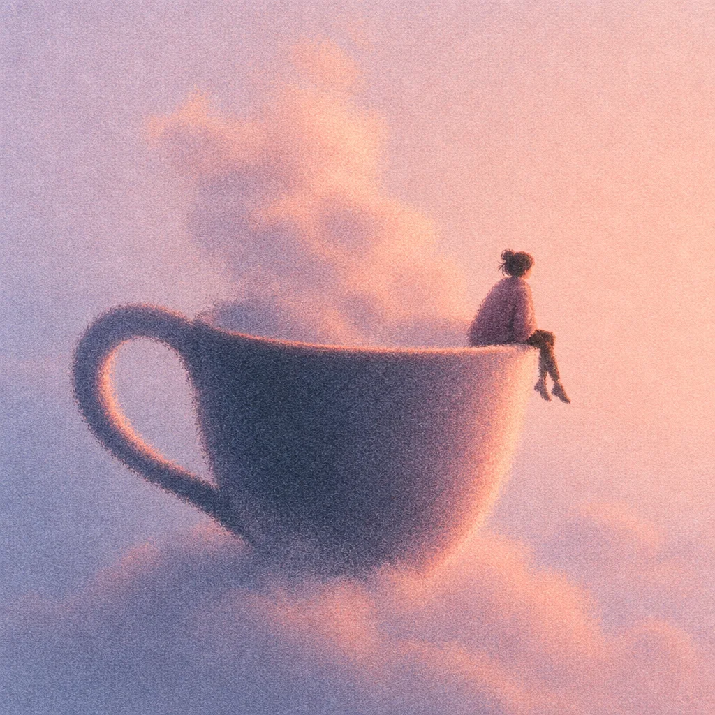 A small figure sits peacefully on the rim of a giant steaming cup floating in a pastel, sunset sky.