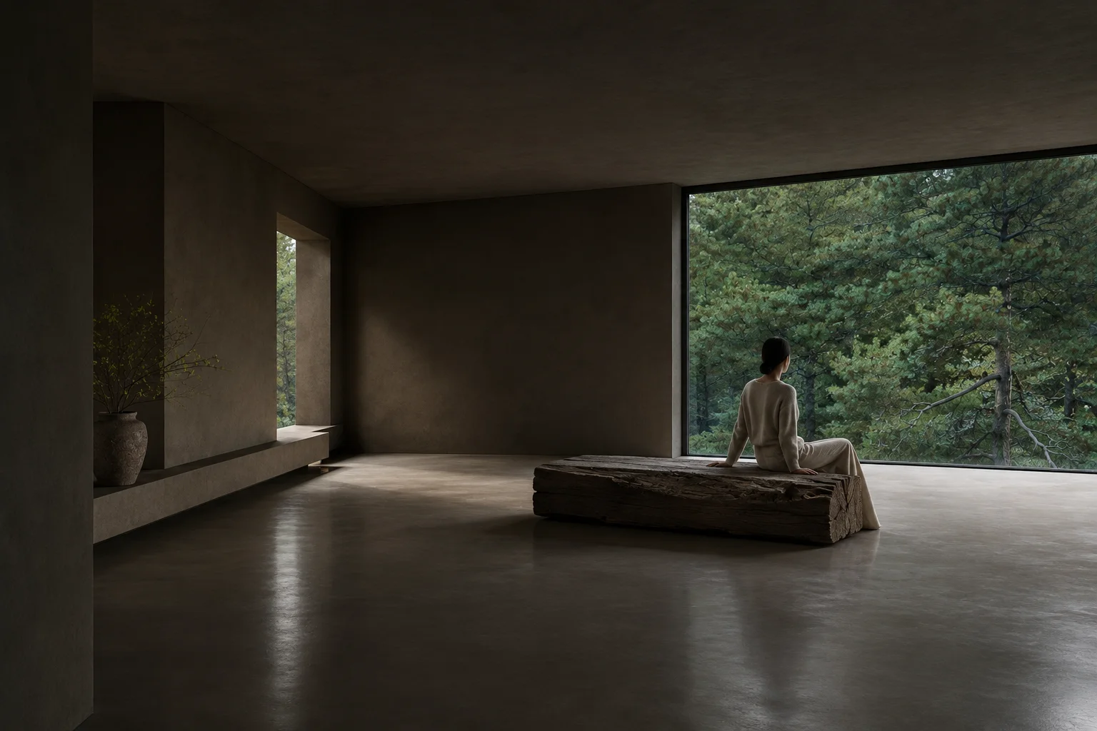 A woman sits on a raw timber bench in a minimalist concrete room, looking through a wide panoramic window at a pine forest.
