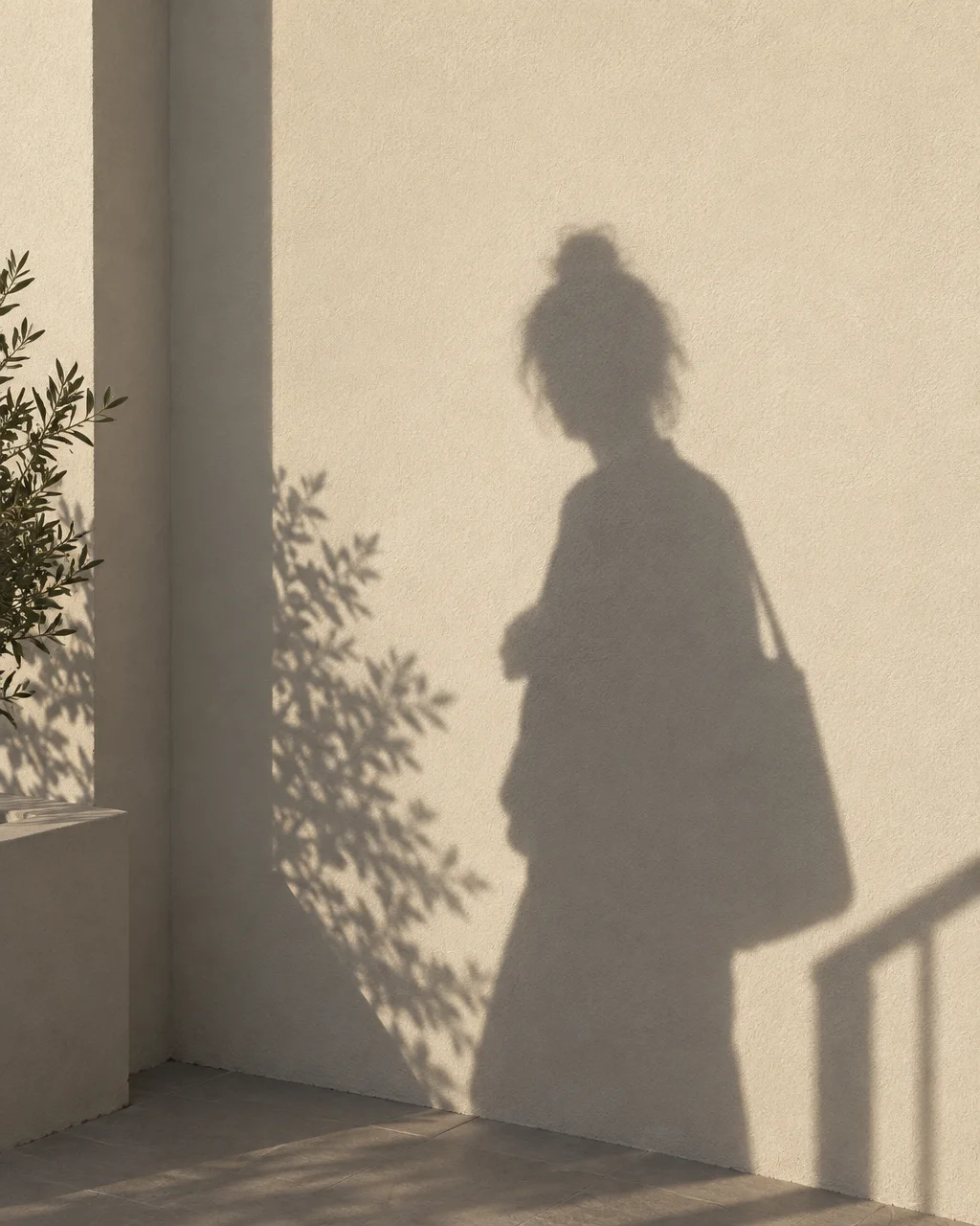 The soft shadow silhouette of a woman carrying a tote bag cast on a warm beige textured wall in sunlight.