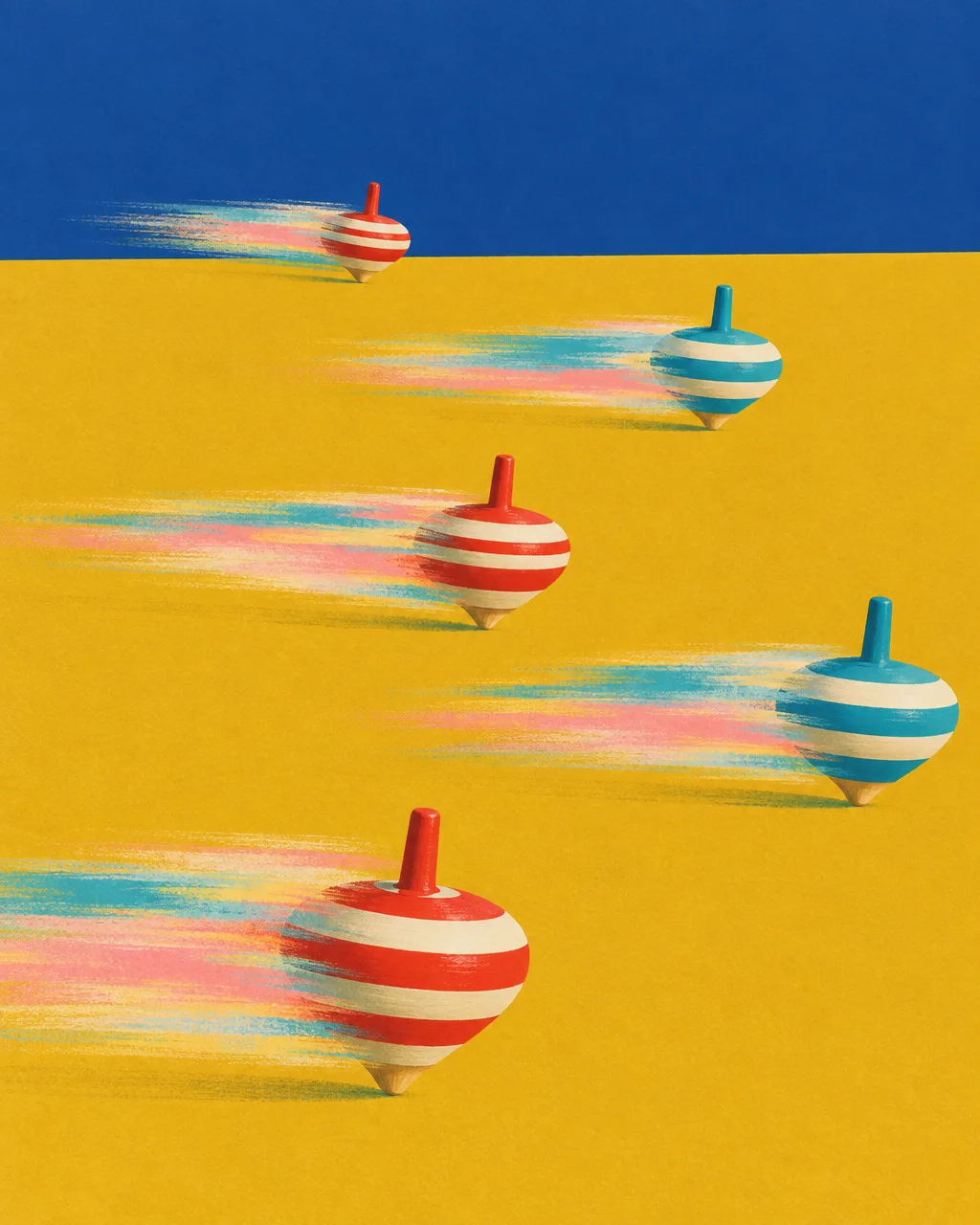 Striped red and blue spinning tops streak across a bright yellow plane with colorful motion trails beneath a vivid blue sky.