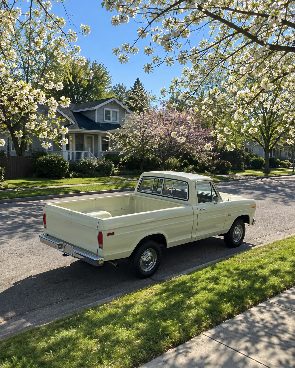 A vintage pale cream pickup truck parked along a quiet suburban street framed by flowering tree branches under a bright clear sky.