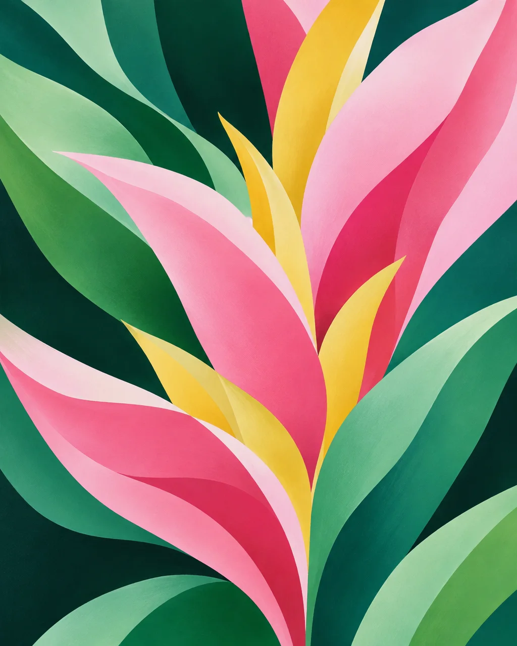 A stylized abstract painting of layered botanical leaves and petals in smooth gradients of pink, yellow, and vivid green.