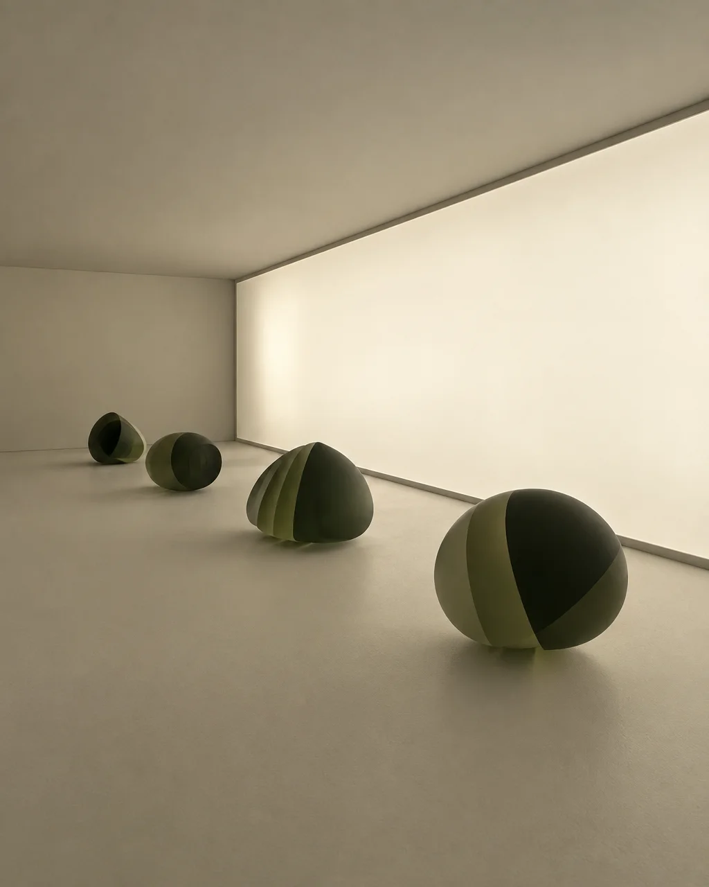 A row of segmented green glass sculptures arranged across the floor of a minimalist gallery beside a glowing illuminated wall.