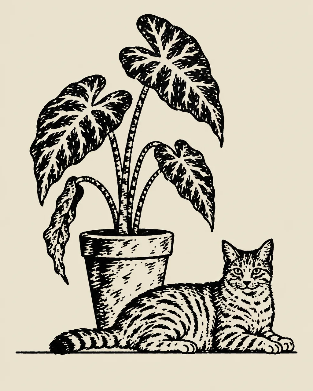 A black and white linocut illustration of a striped cat resting beside a potted caladium plant on a neutral background.