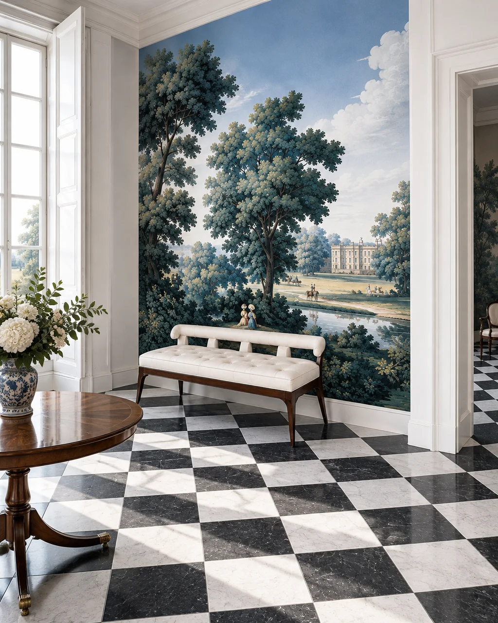A sunlit foyer with checkerboard marble flooring, a white upholstered bench, and a full-wall classical landscape mural.