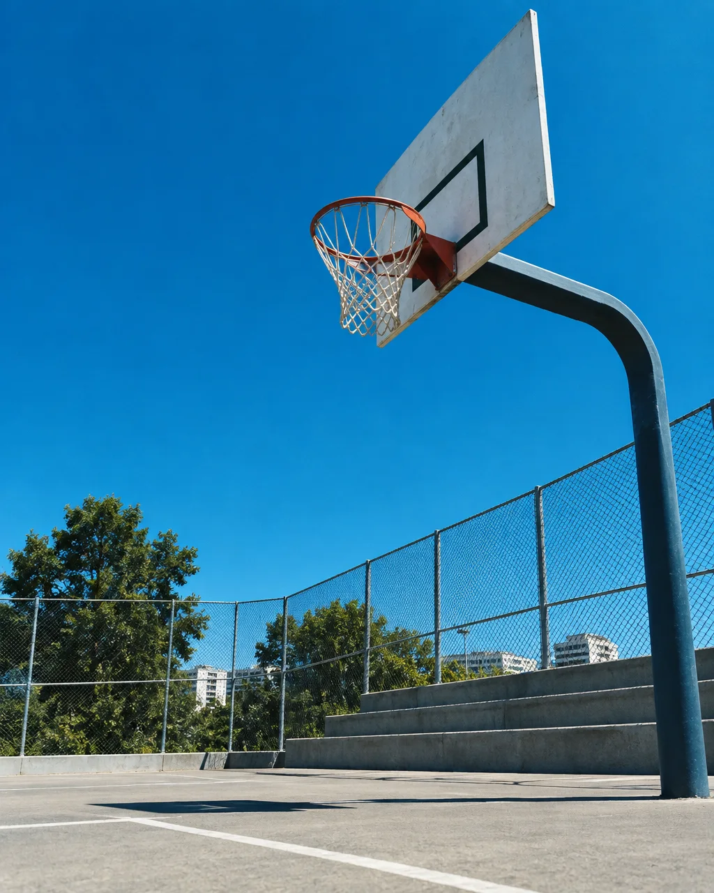 A low-angle view of a basketball hoop on an outdoor concrete court beneath a vivid blue sky.