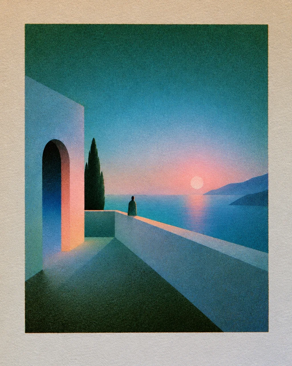 A solitary figure looks out from a minimalist terrace over a calm sea at sunset, beside an arched doorway and cypress tree.
