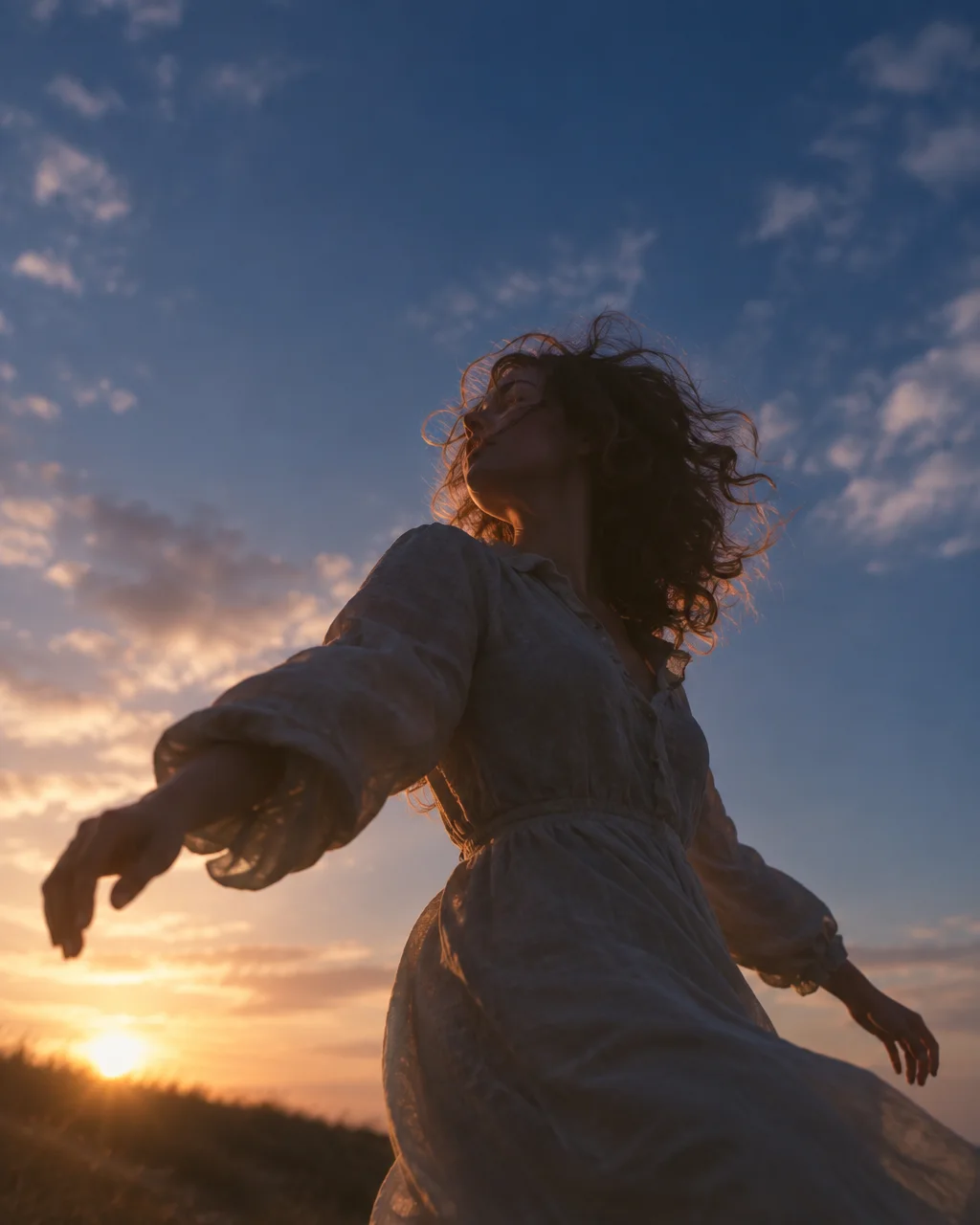 A woman in a flowing dress moves through a field, silhouetted against a golden sunset and blue evening sky.