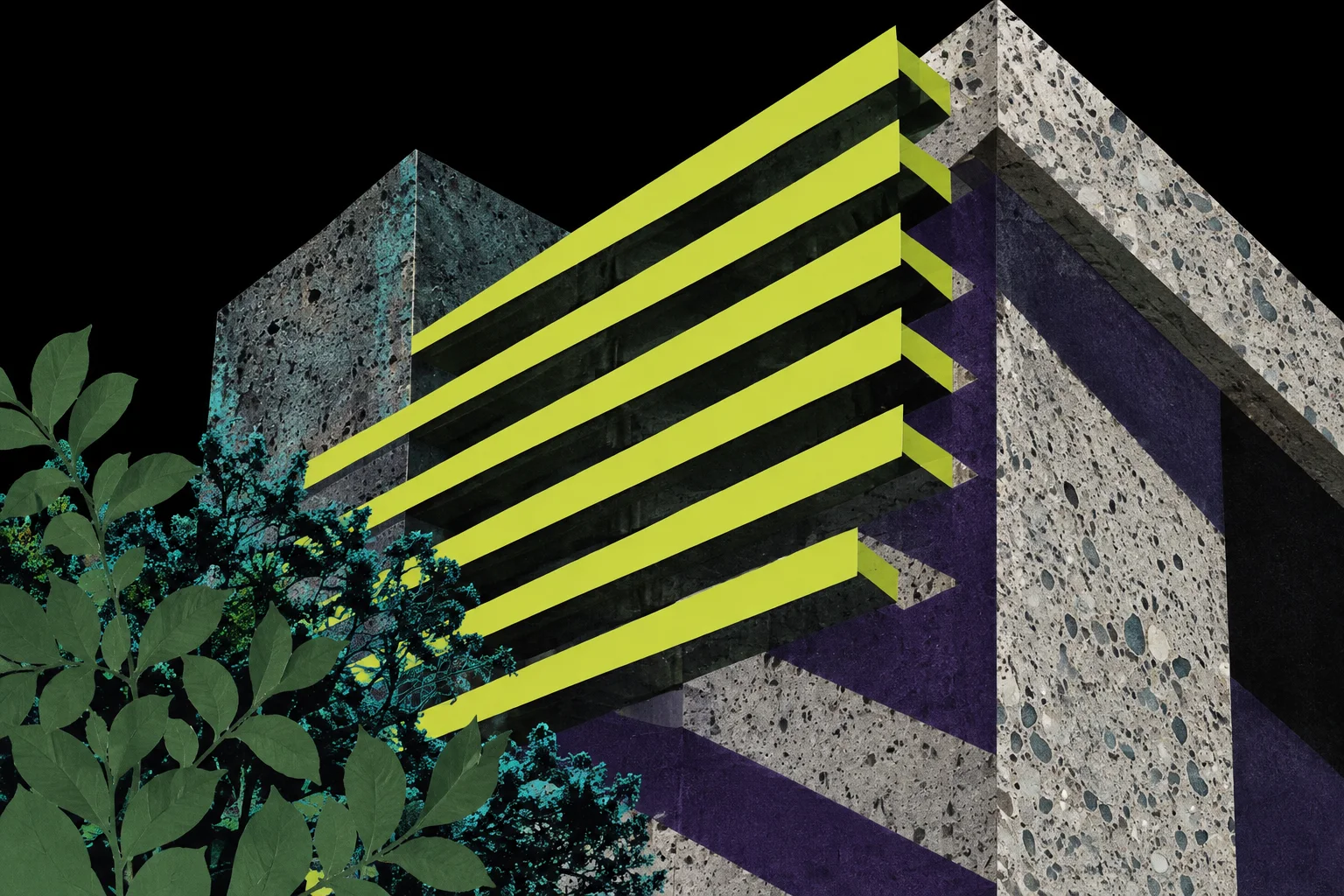 A graphic architectural composition combining textured concrete blocks, bright chartreuse slats, and cutout green foliage against a solid black background.