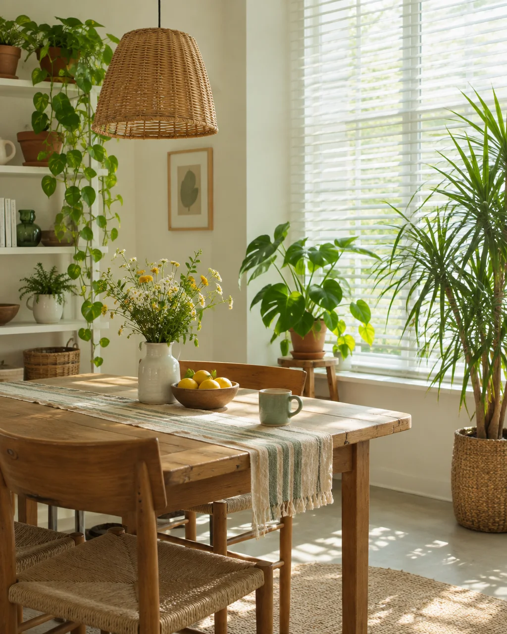 A sunlit dining room featuring a rustic wooden table set with wildflowers, lemons, and a mug, surrounded by lush potted plants.