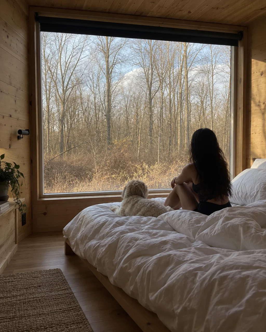 A woman and her dog sitting on an unmade bed, looking out a large picture window into a bare forest inside a wooden cabin.