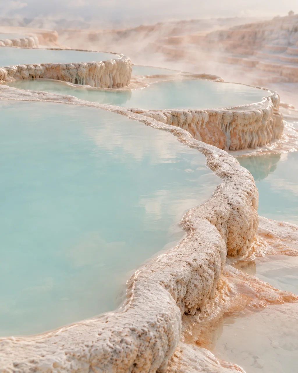 Stepped natural limestone terraces filled with pale turquoise thermal water, radiating a soft warmth under clear daylight.