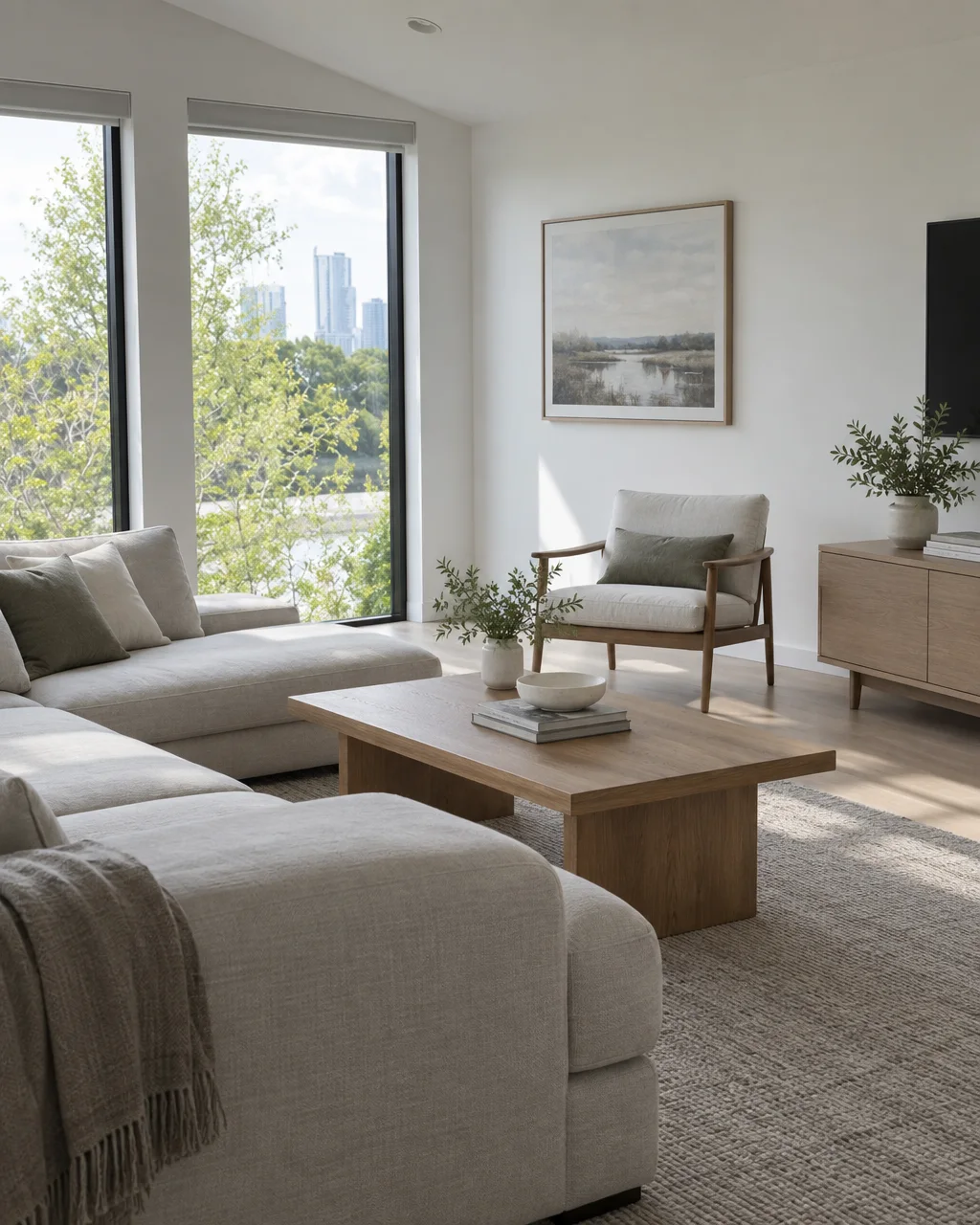 A bright modern living room furnished with a beige sectional sofa, oak coffee table, and tall windows framing green trees and distant buildings.
