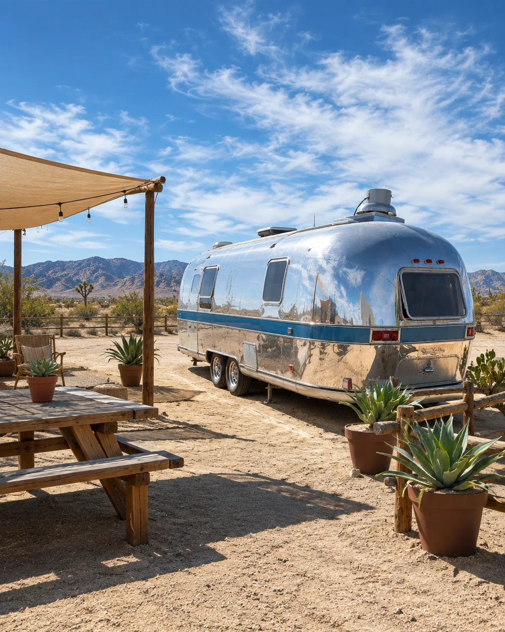 A polished aluminum camper trailer parked in a sunny desert campsite with potted agaves, a picnic bench, and mountains in the distance.