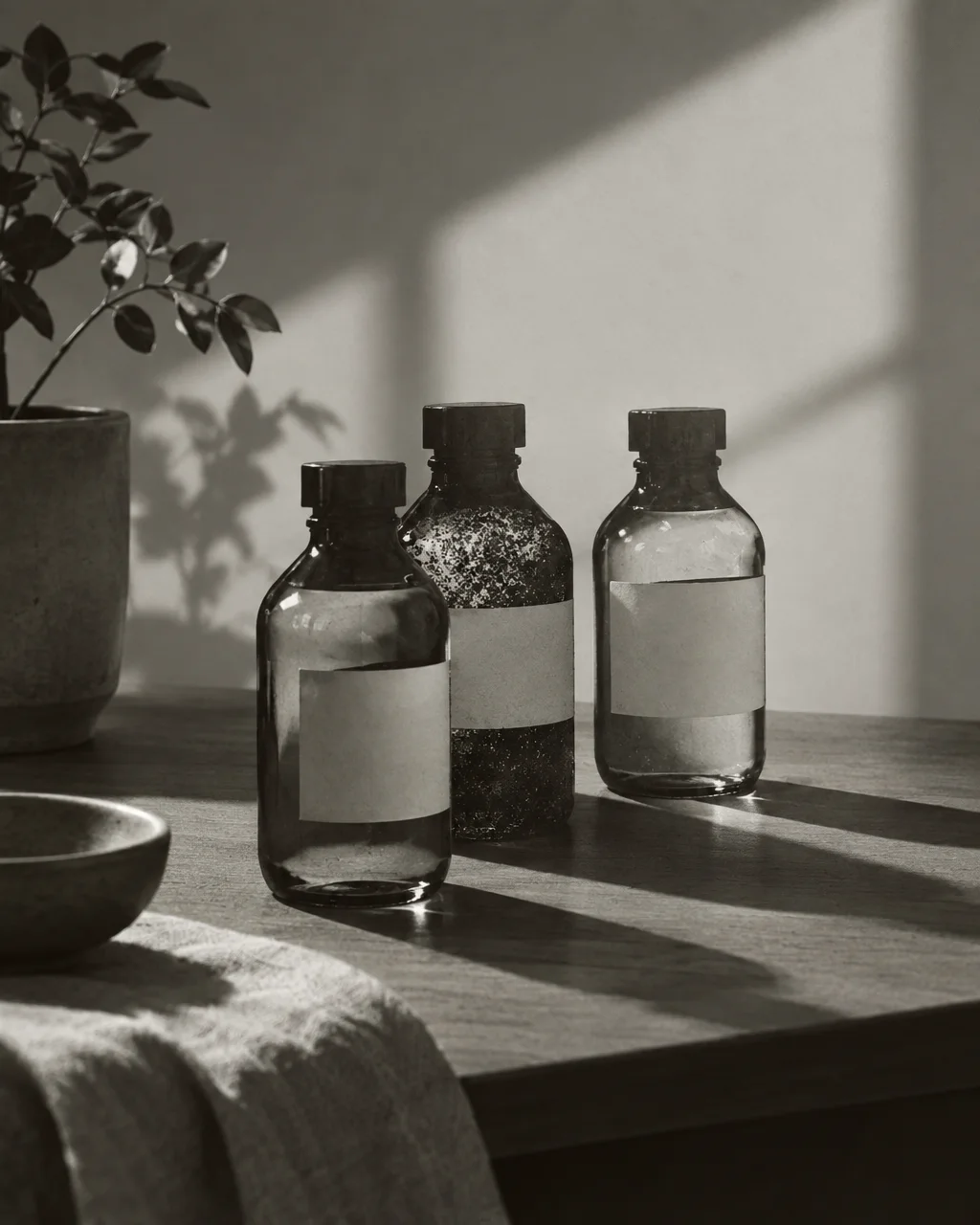 Three dark glass bottles with blank labels stand on a wooden table, illuminated by soft daylight alongside shadows of a potted plant.