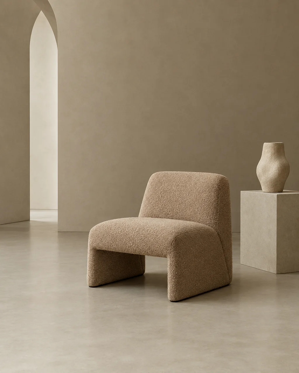 A modern beige textured lounge chair sits in a minimalist warm-toned interior next to a sculptural vase on a plinth.