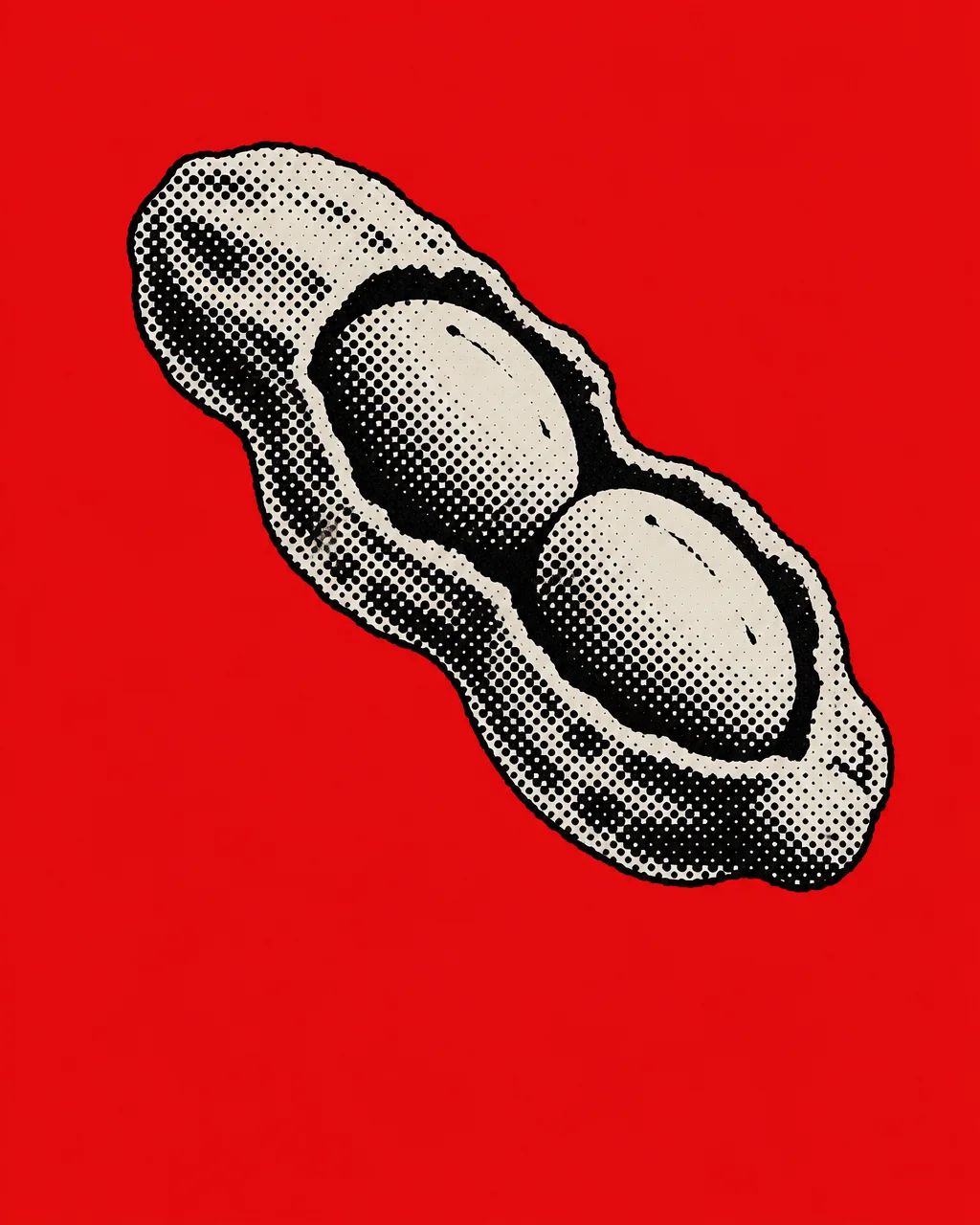 A graphic halftone illustration of an open peanut pod revealing two seeds, set against a bold red background.