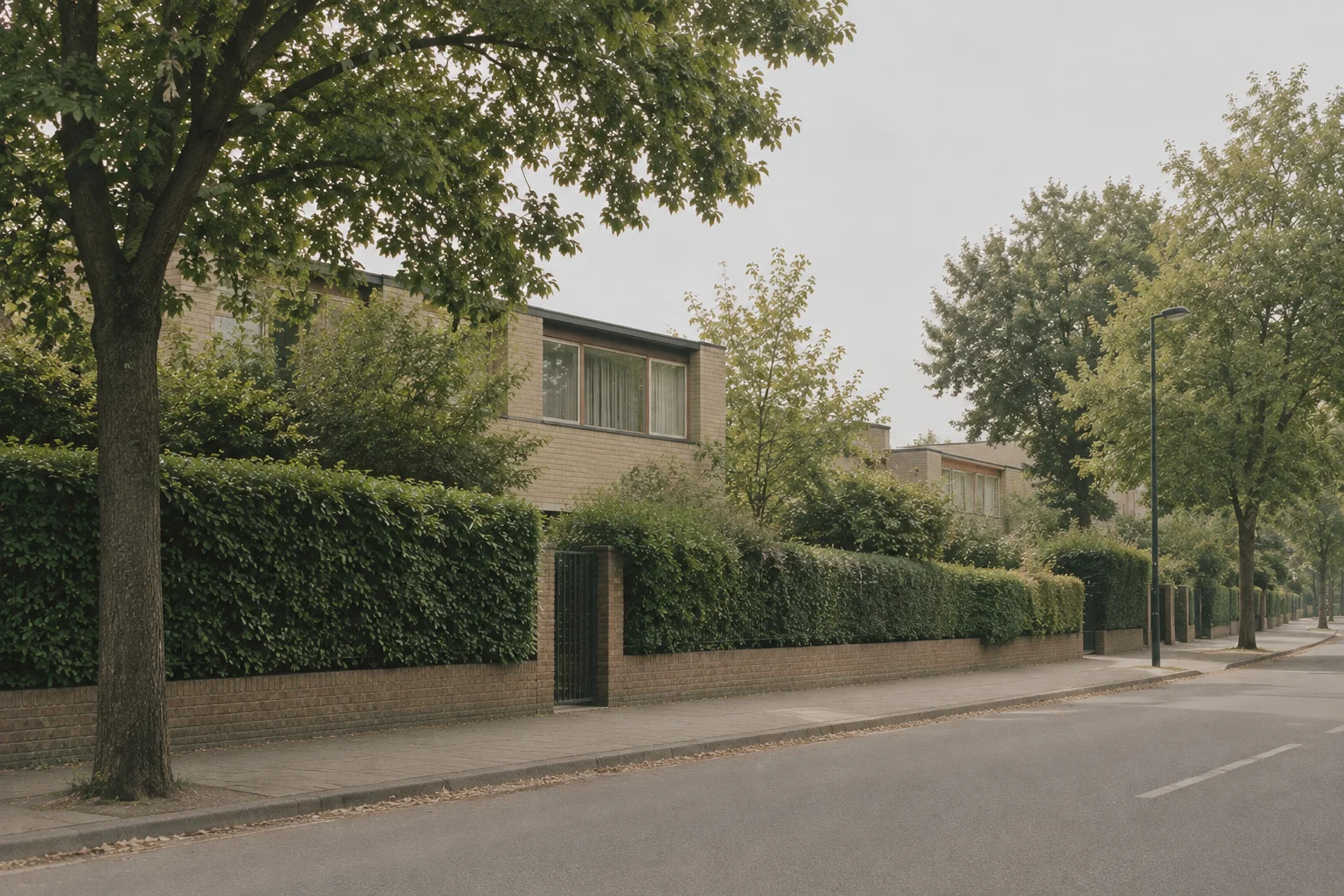 Modernist brick houses set behind manicured green hedges and trees along a quiet residential street on an overcast day.
