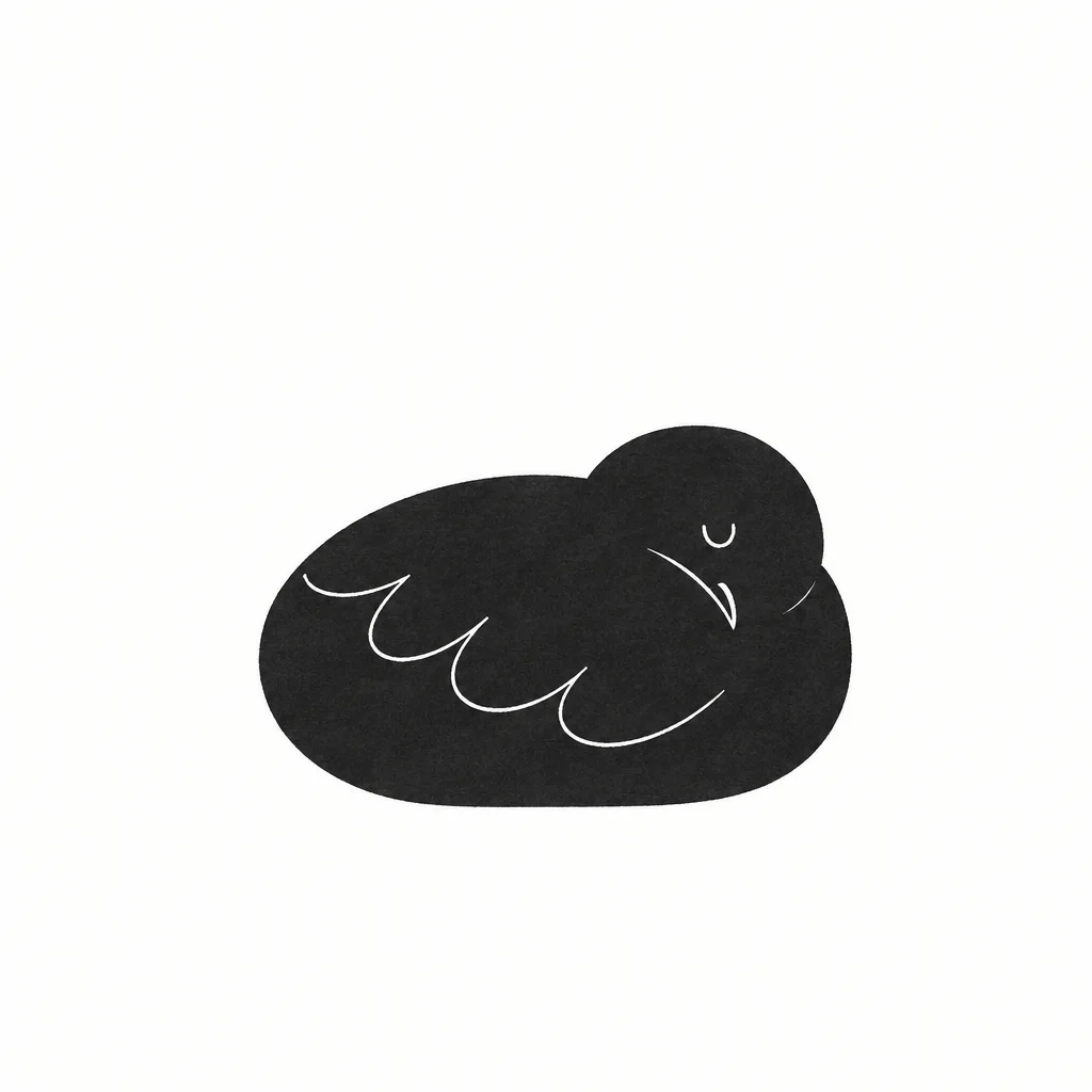 A minimalist black silhouette illustration of a sleeping bird with simple white line details on a clean white background.