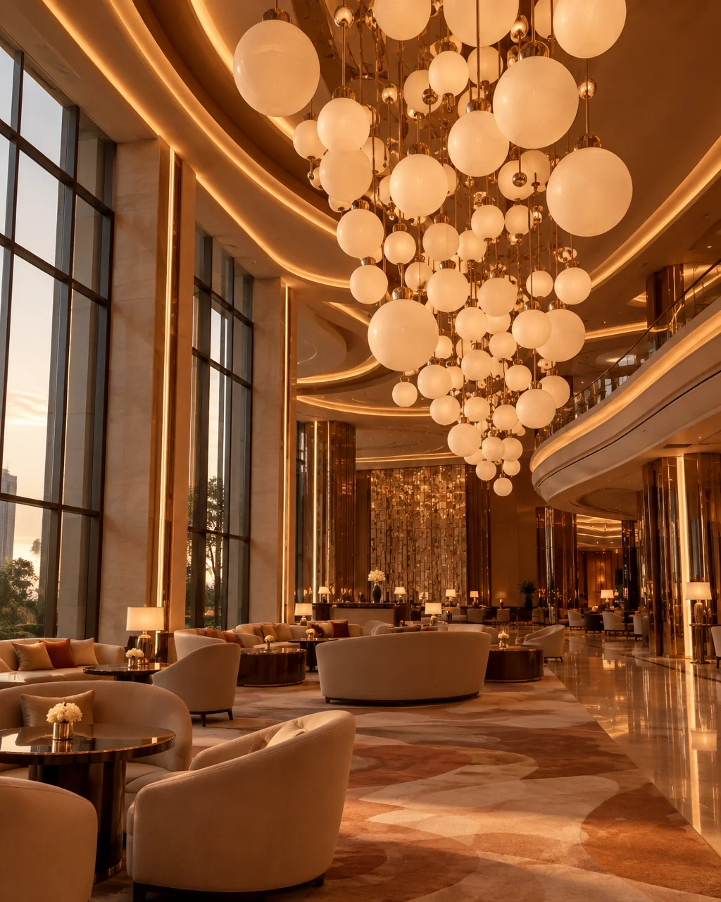 A luxury hotel lounge bathed in warm amber light, featuring a dramatic cascading globe chandelier, curved seating, and soaring floor-to-ceiling windows.