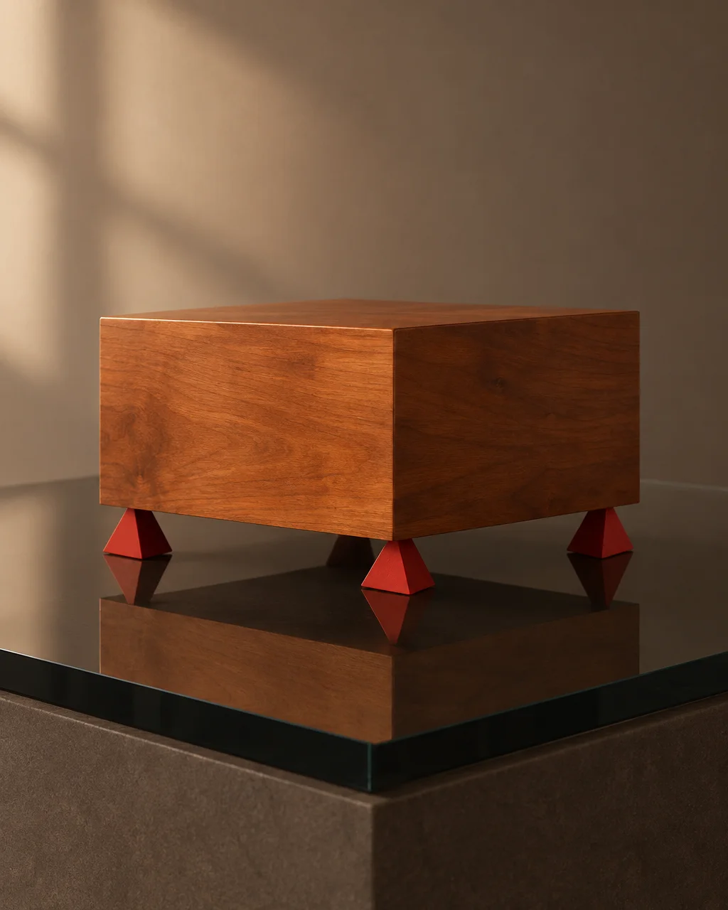 A polished wooden box elevated on four small red geometric feet, resting on a dark reflective surface in warm studio light.
