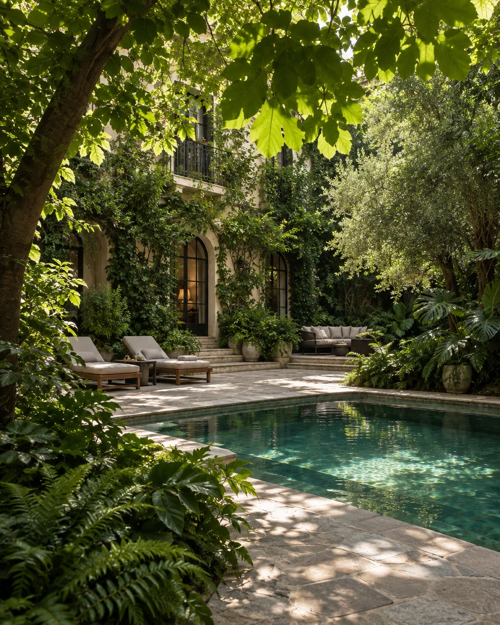 A stone patio and clear swimming pool surrounded by lush garden foliage and sun loungers outside an ivy-covered villa.