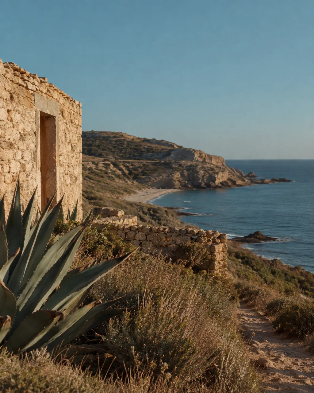 An agave plant stands beside a weathered stone building overlooking a rugged coastal trail and calm sea.