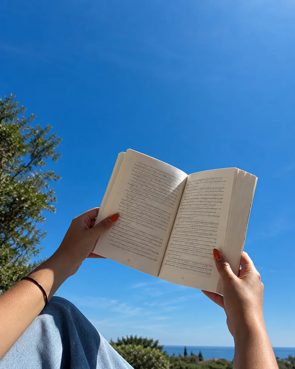 A pair of hands holds an open paperback book upright against a vivid, cloudless blue summer sky.