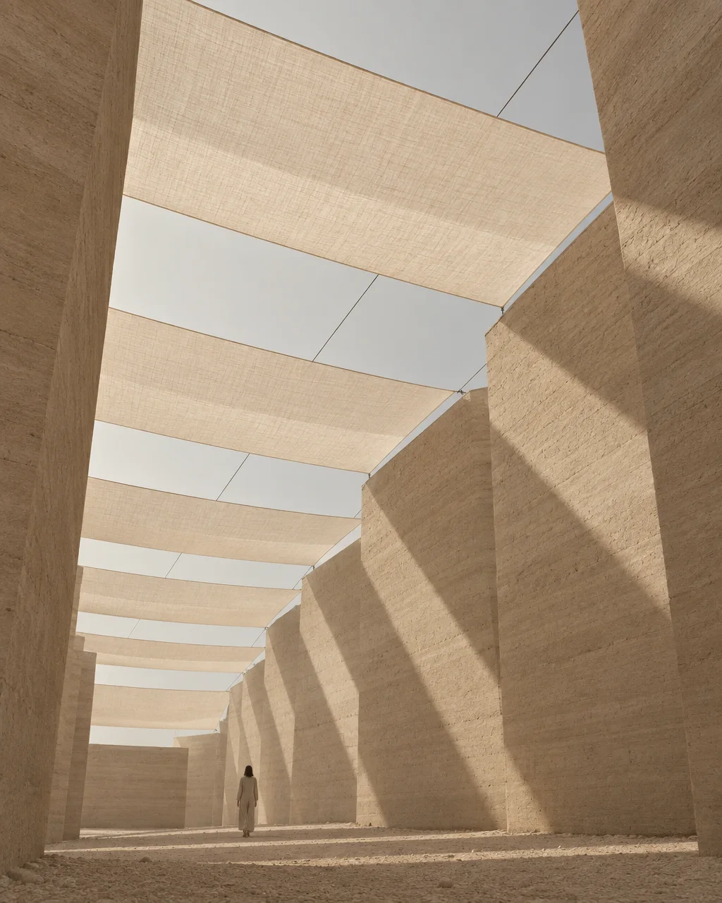A lone figure walks through a monumental sandstone corridor beneath rhythmic fabric sunshades that cast geometric shadows across the textured walls.