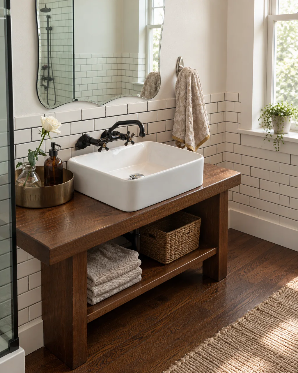 A rustic wooden vanity with a white vessel sink, dark fixtures, and a wavy mirror in a bright bathroom with subway tiles.