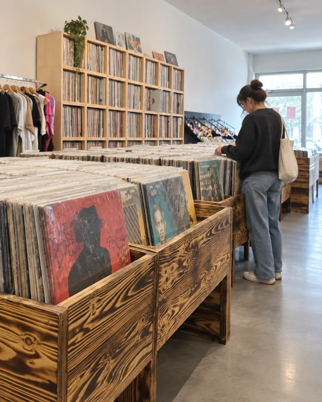 A woman browses through wooden bins filled with vinyl records inside a bright music shop.
