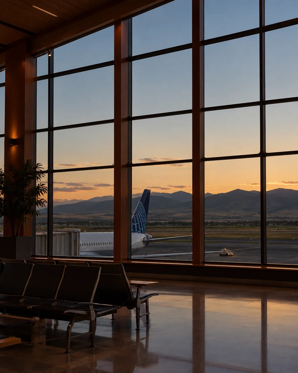 An empty airport terminal gate looking through large grid windows toward an airplane on the tarmac and distant sunset mountains.