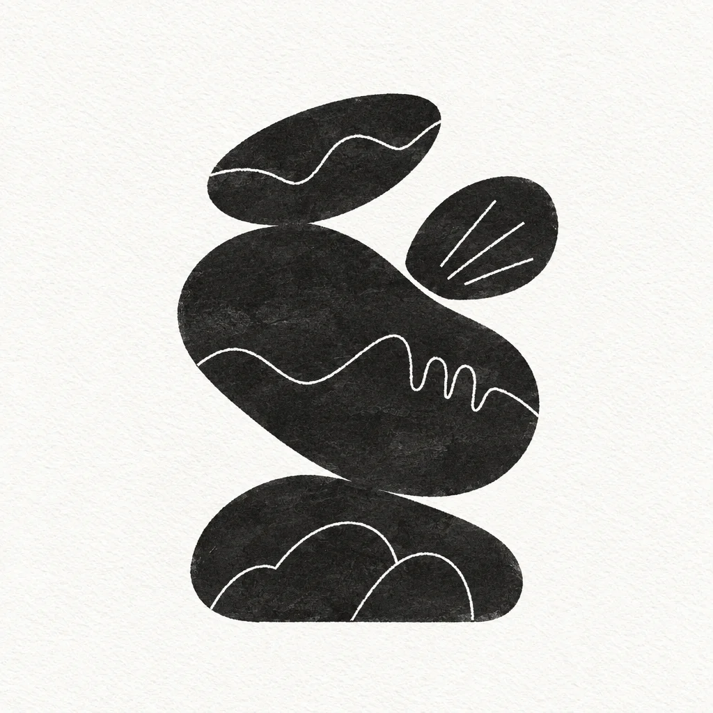 A minimalist graphic of stacked black organic stone shapes etched with delicate white line patterns on off-white textured paper.