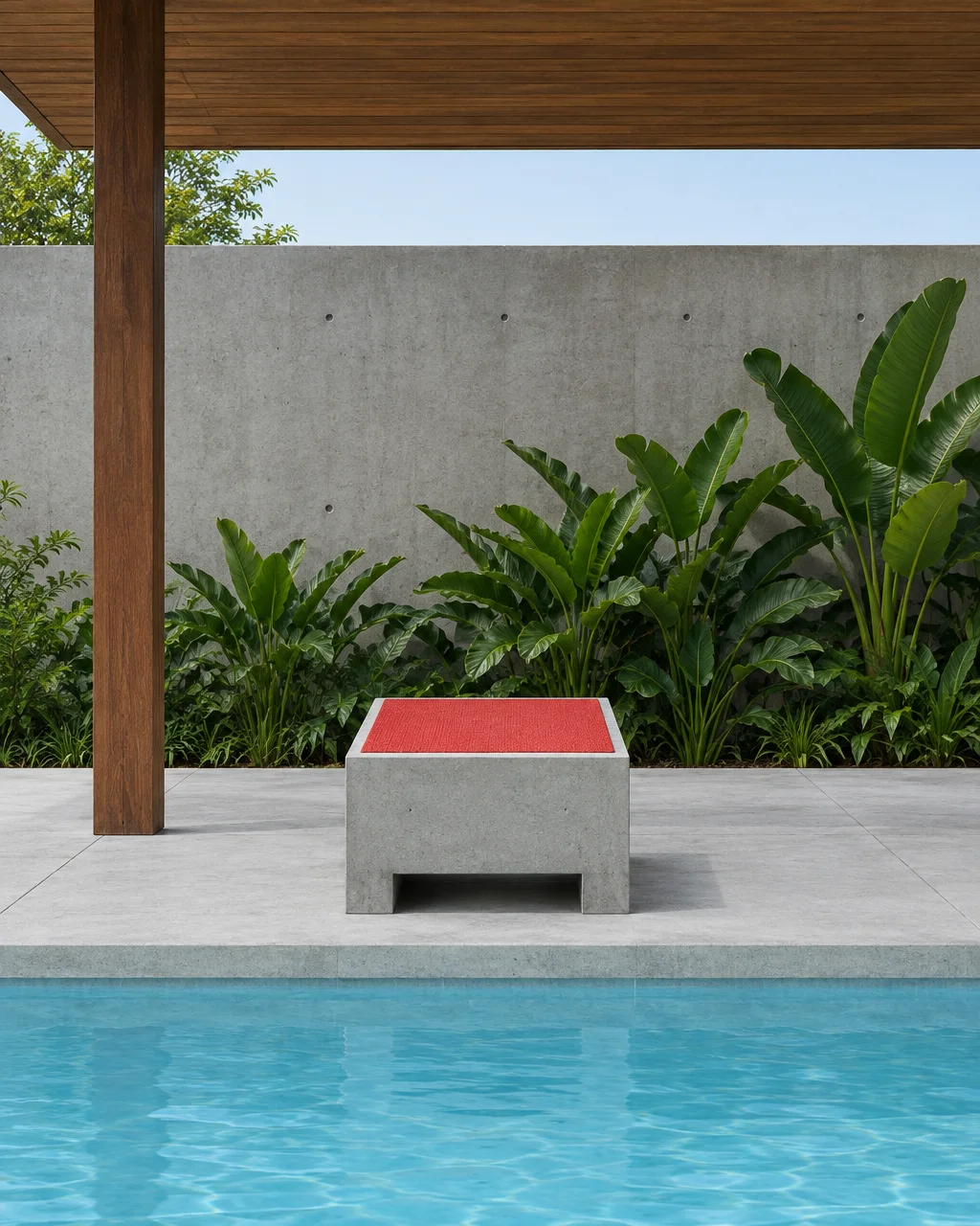 A minimalist concrete bench with a bright red cushion sits beside a clear blue pool, framed by tropical greenery and concrete.