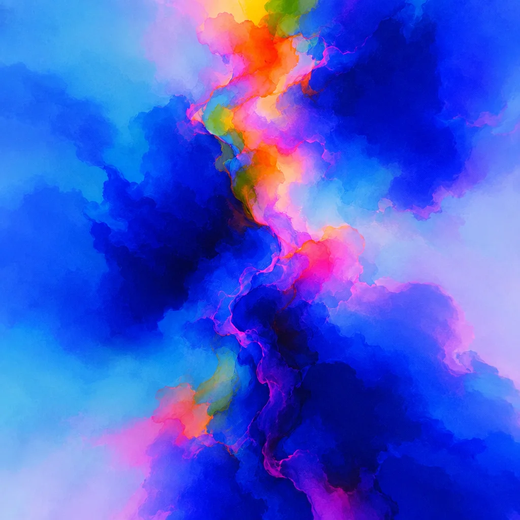 A textured abstract wash of deep blue clouds split by a vibrant vein of glowing pink, orange, and gold.