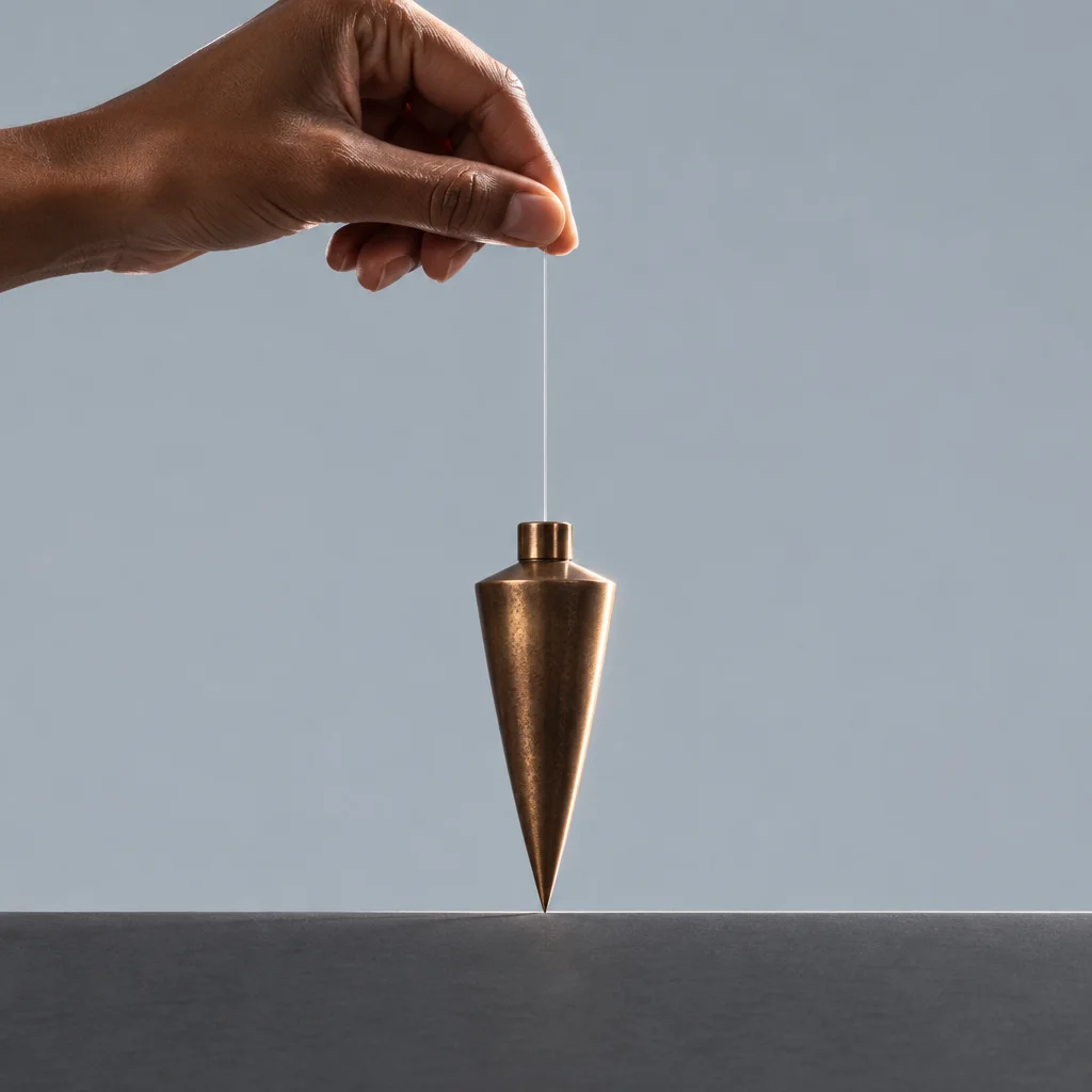 A hand suspends a pointed brass plumb bob by a thin string, poised just above a dark flat surface against a grey studio backdrop.