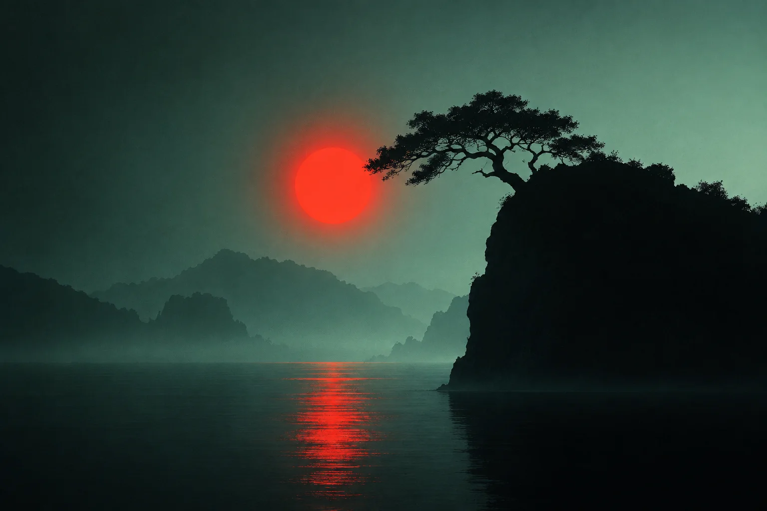 A glowing red sun hangs low over calm, misty waters beside the dark silhouette of a cliff crowned by a single pine tree.