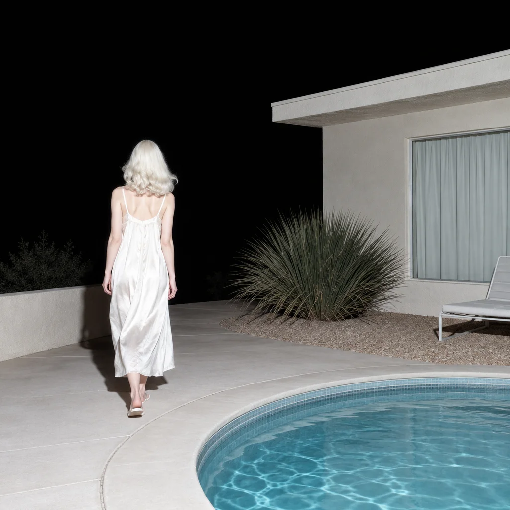 A blonde woman in a white silk slip dress walks away across a concrete patio beside a swimming pool into pitch-black night.