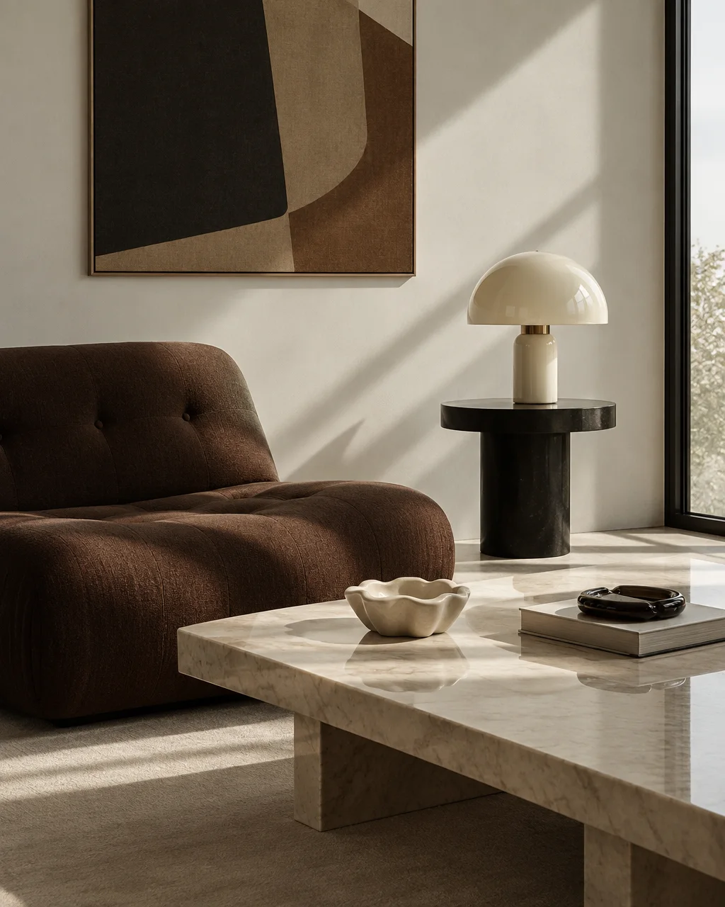 A low brown lounge chair sits beside a polished marble coffee table and mushroom lamp in a warm, sun-dappled interior.
