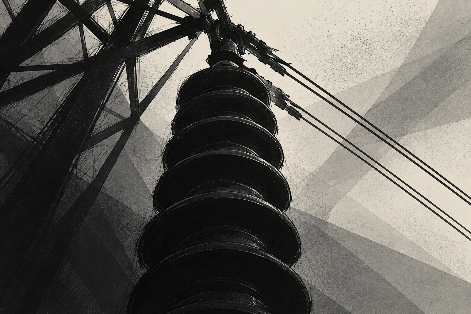 A low-angle monochrome illustration of an electrical pylon insulator and power lines set against layered geometric planes.