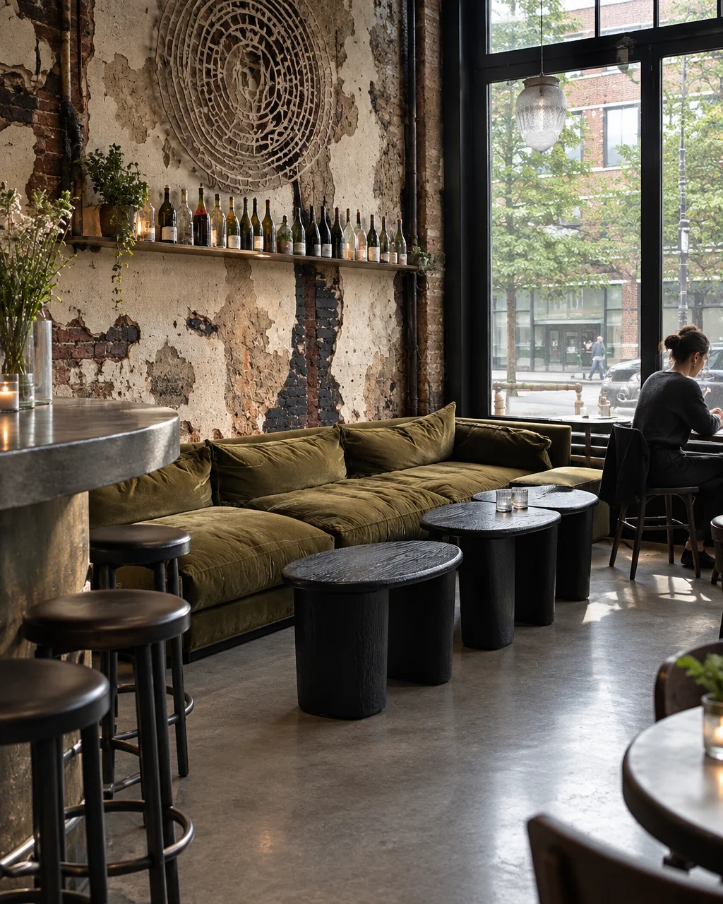 An atmospheric wine bar interior featuring a low olive velvet sofa against a weathered plaster wall, beside large street-facing windows.