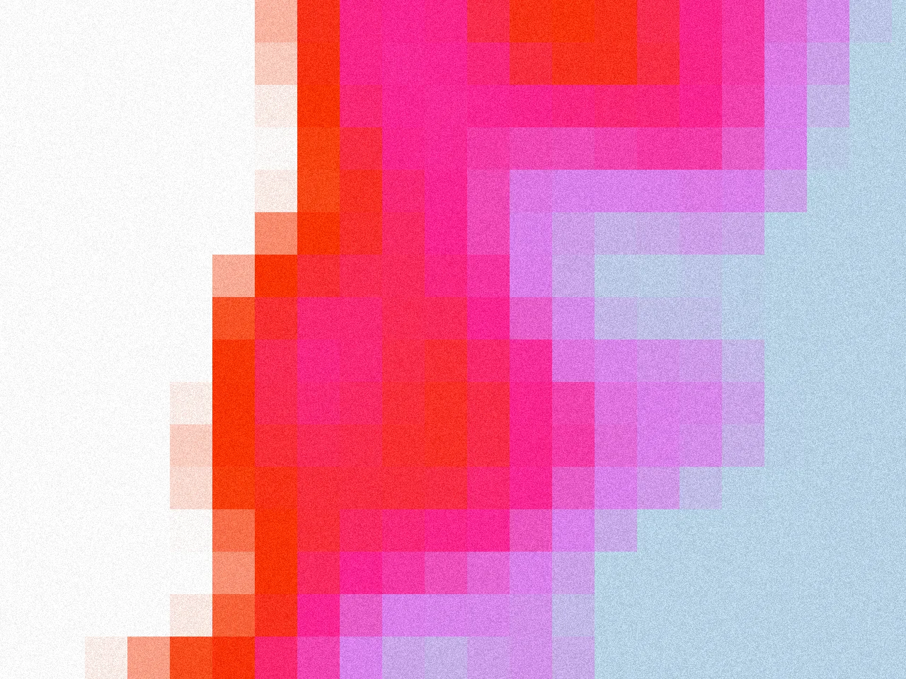 A pixelated abstract gradient of vibrant red, hot pink, and lavender squares with a subtle textured grain on a split background.