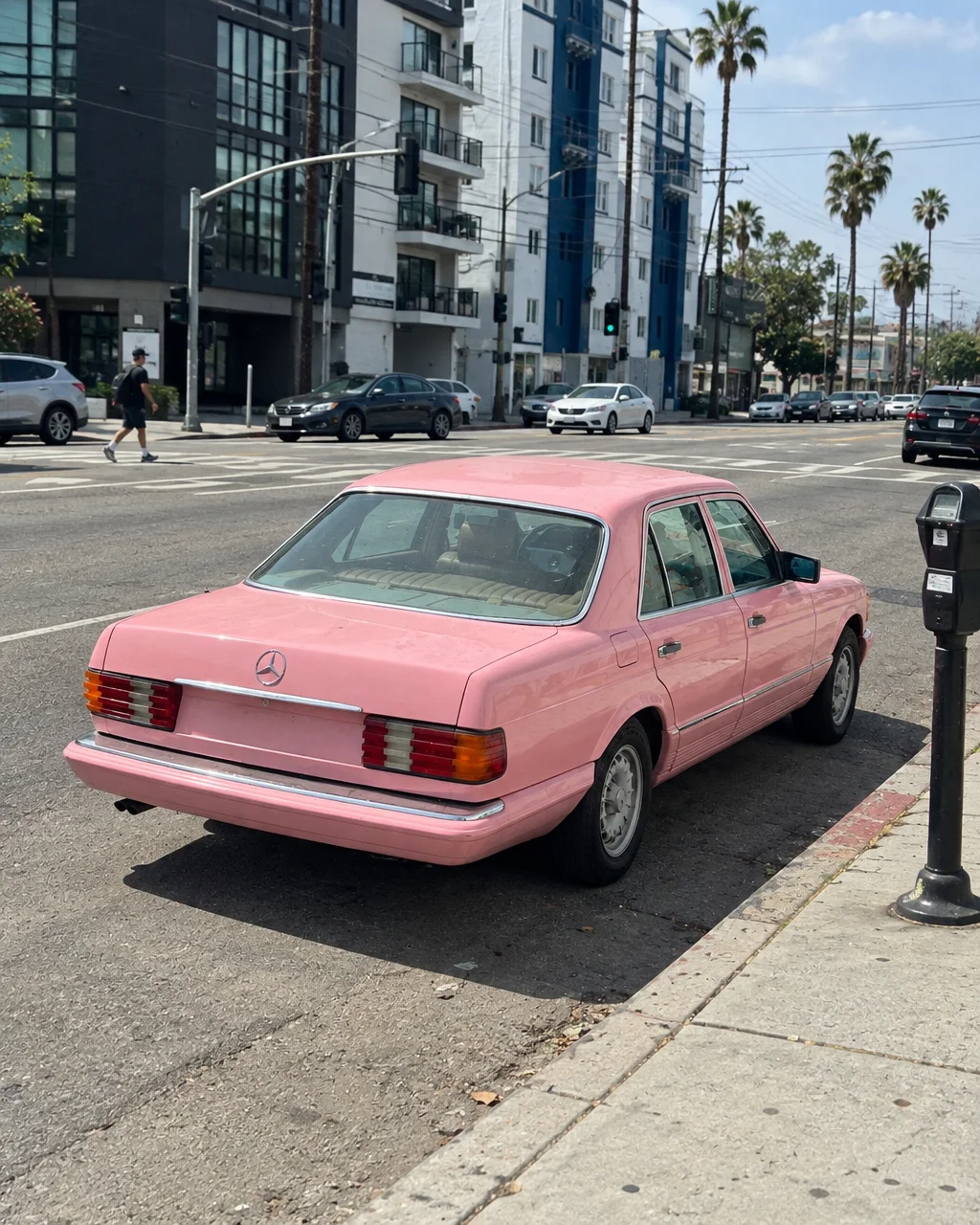 A vintage pastel pink sedan parked along a sunny city street curb next to a parking meter.