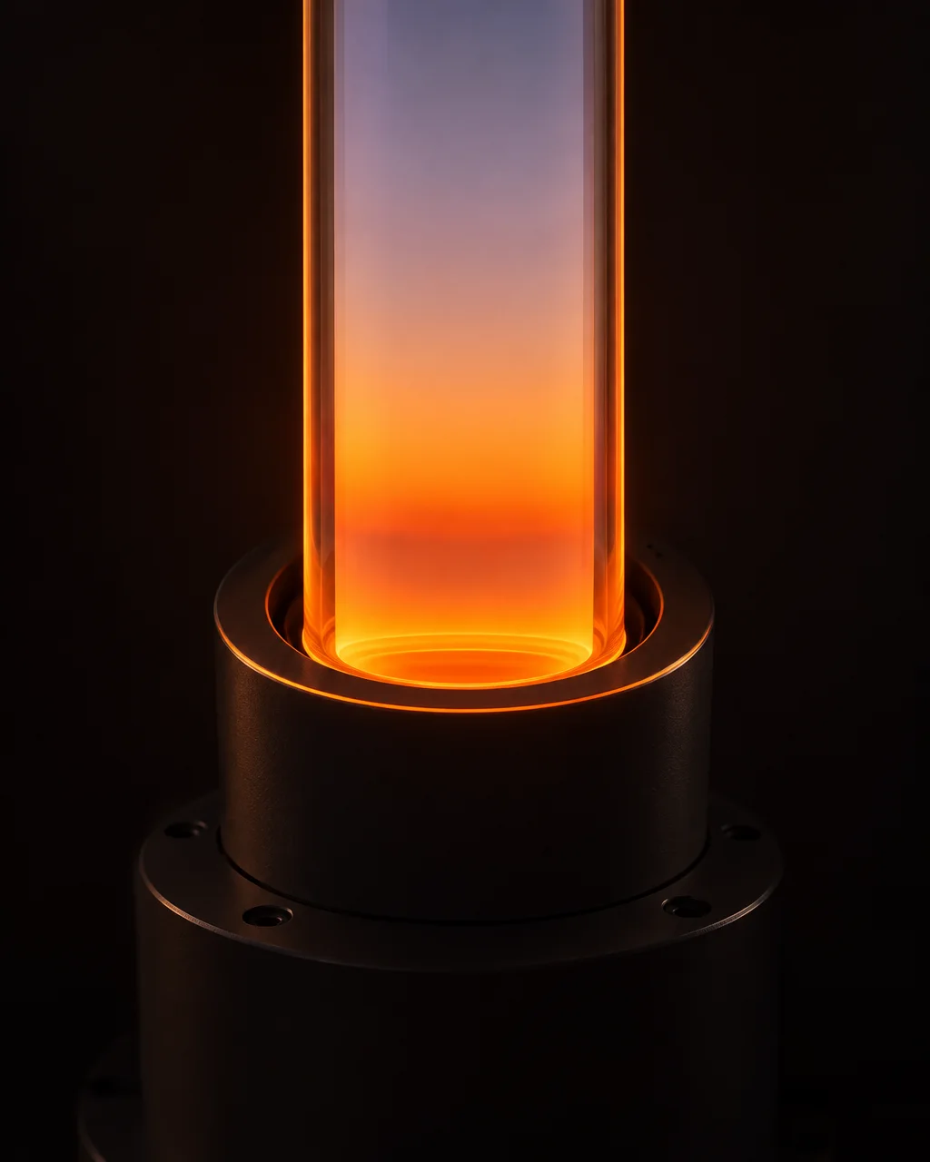 A clear vertical cylinder glowing with an intense orange and lavender gradient, mounted in a dark metal base against a black background.