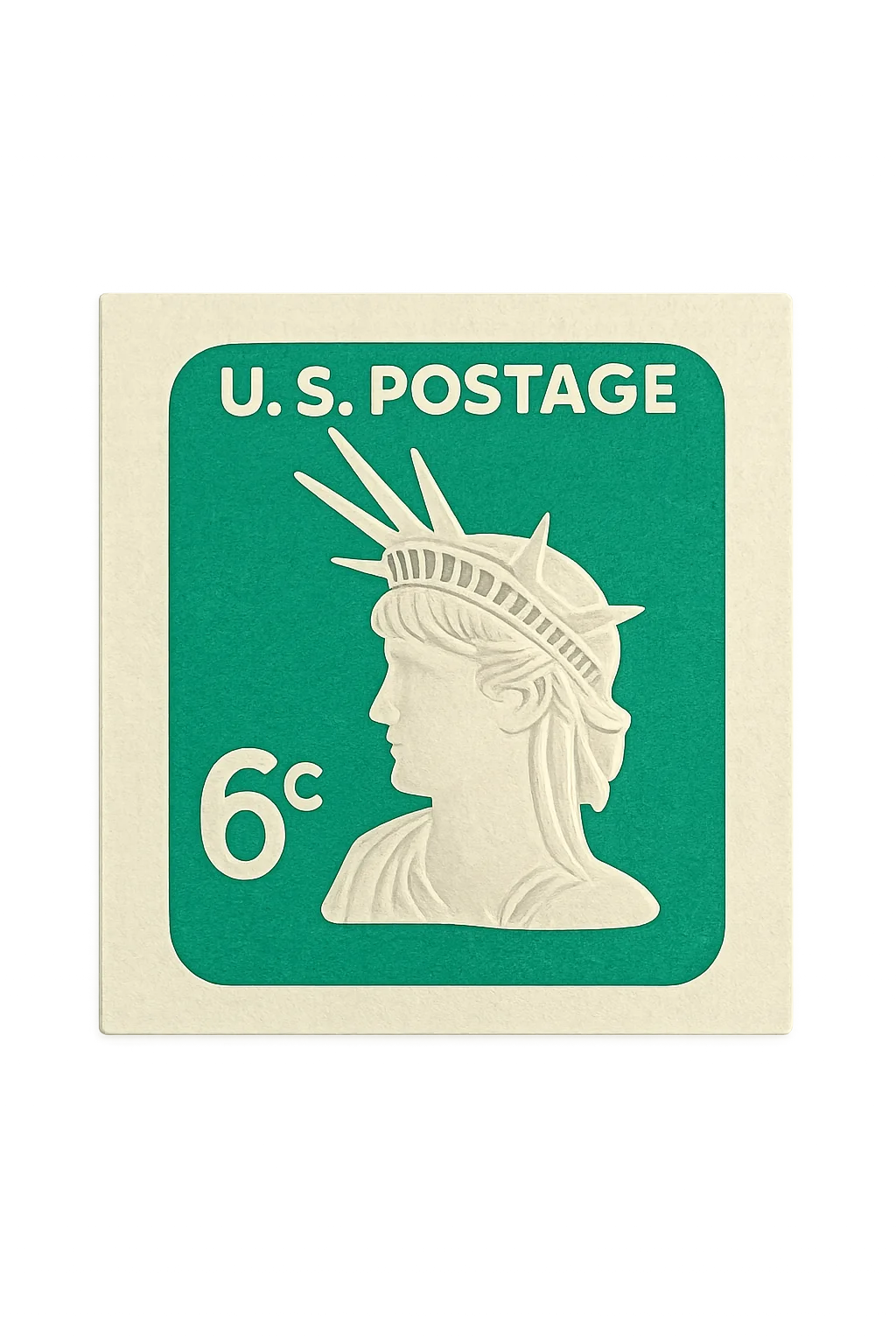 A vintage embossed postal cut-out printed on cream paper in emerald green, featuring a relief profile bust and retro typography.