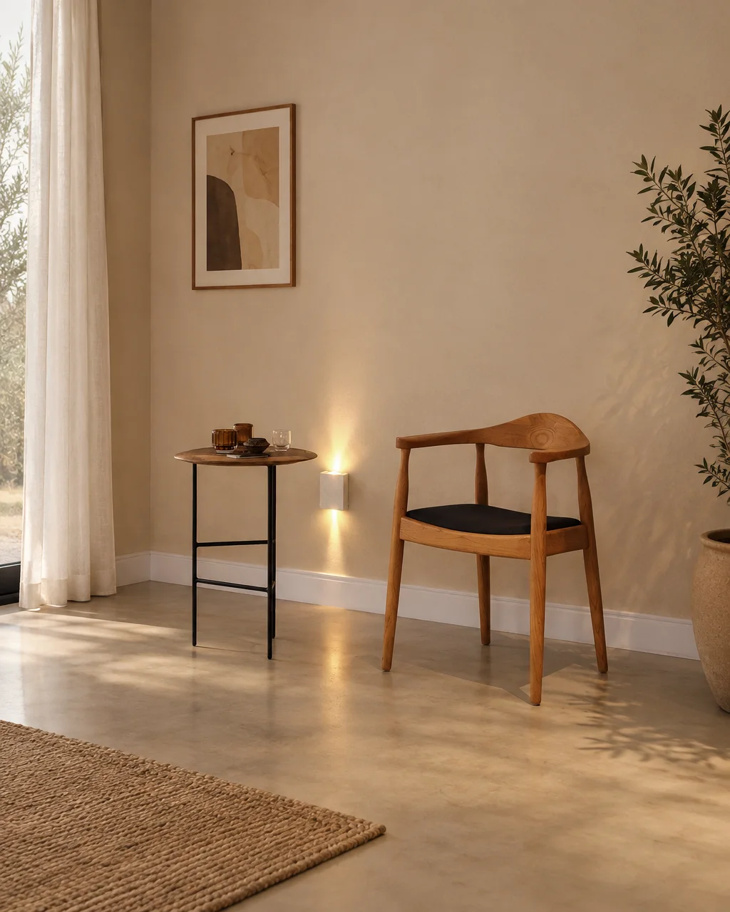 A curved wooden armchair and small side table sit against a warm beige plaster wall beside soft sheer curtains.