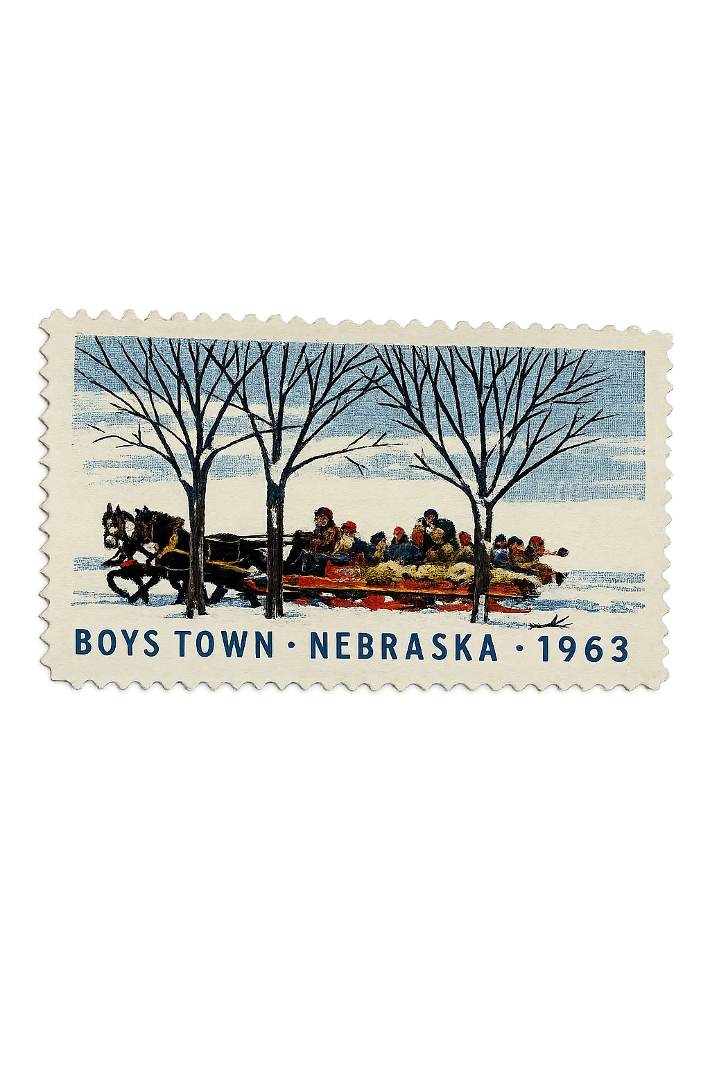 A vintage perforated stamp illustrating a horse-drawn sleigh ride through a snowy landscape lined with bare trees on a plain background.