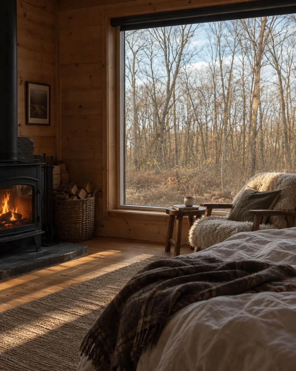 A cozy wooden cabin interior featuring a burning wood stove, a fluffy armchair, and a large picture window looking out onto a sunlit forest.