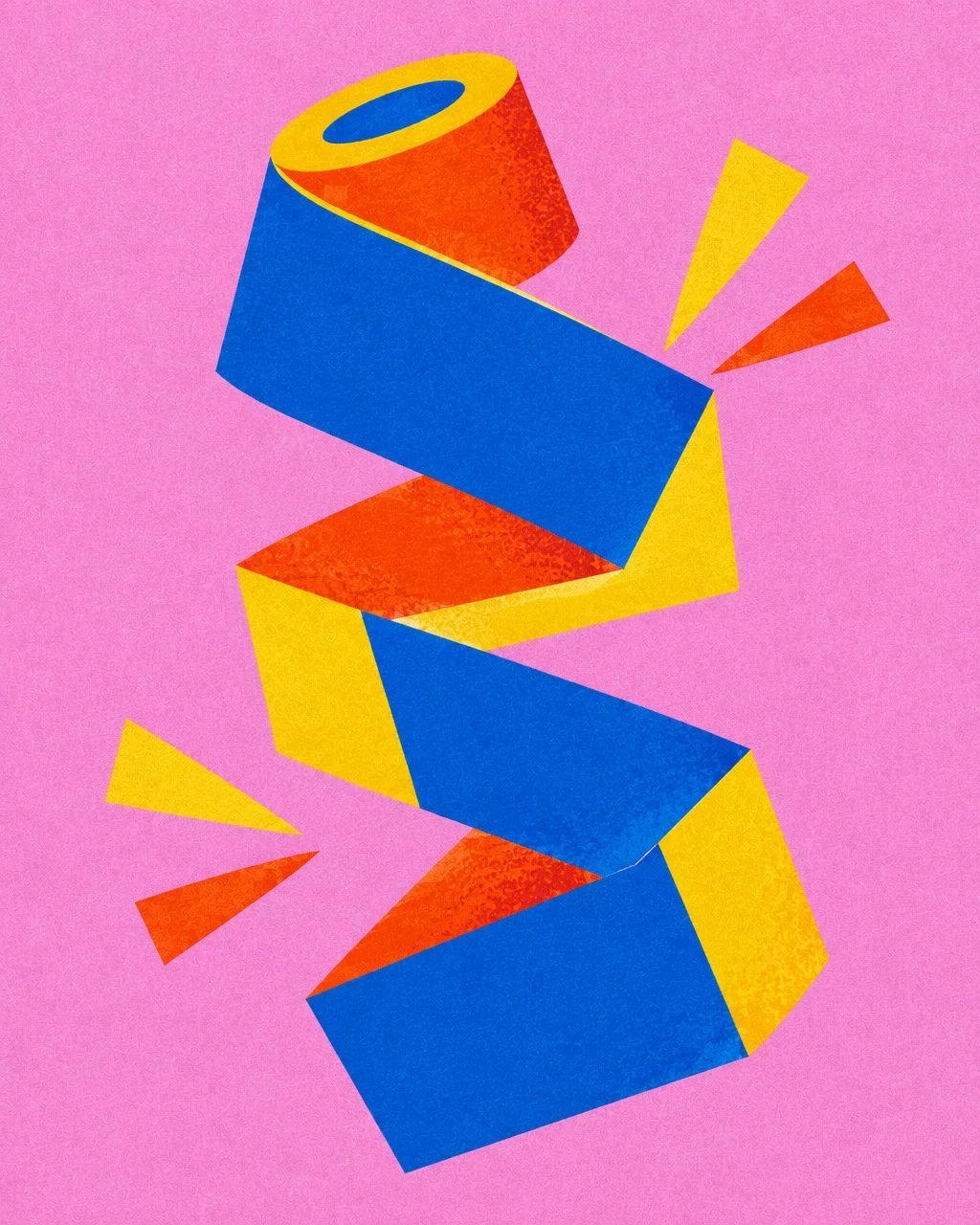 A textured graphic illustration of an angular, colorful ribbon unfurling against a vivid pink backdrop.