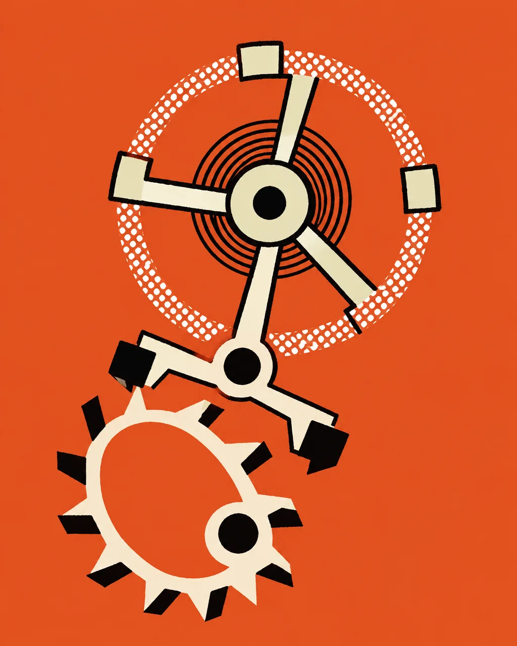 A stylized graphic illustration of a clockwork escapement and gears with halftone patterns against a bright orange background.